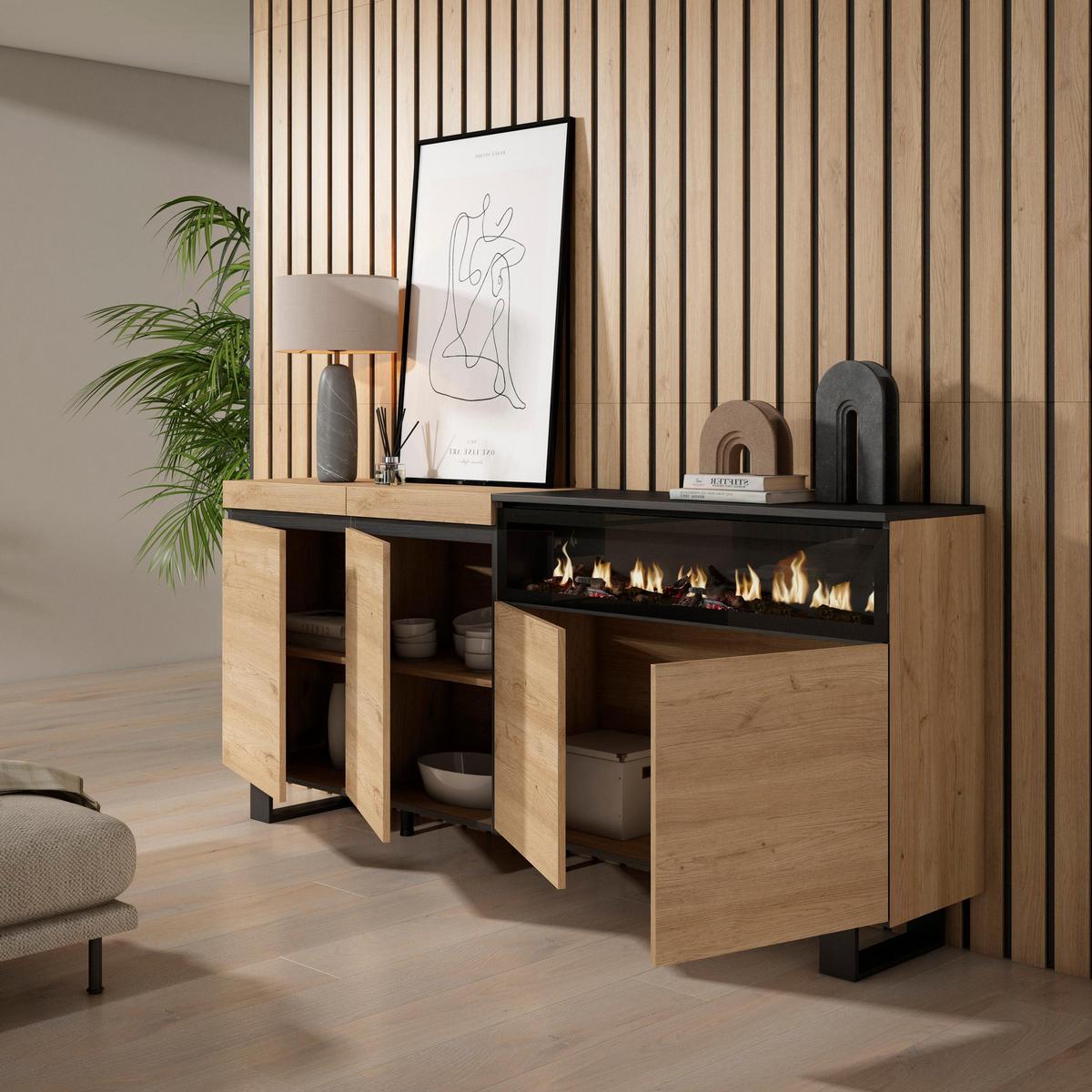 SIDEBOARD Elektrokamin, eiche, schwarz, 200/35/87cm - Beige/Multicolor, Holzwerkstoff (200/87/35cm) - Skraut Home