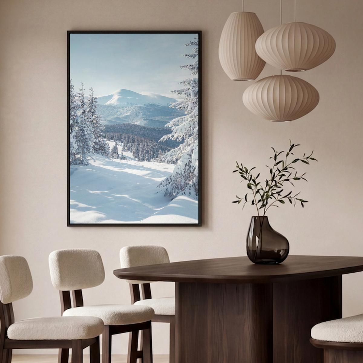 LEINWAND Bilder mit Rahmen - Winterlandschaft - Natur - Berge - Bäume - Schnee - 80x120 - Hellblau, Textil (80/120cm) - MuchoWow