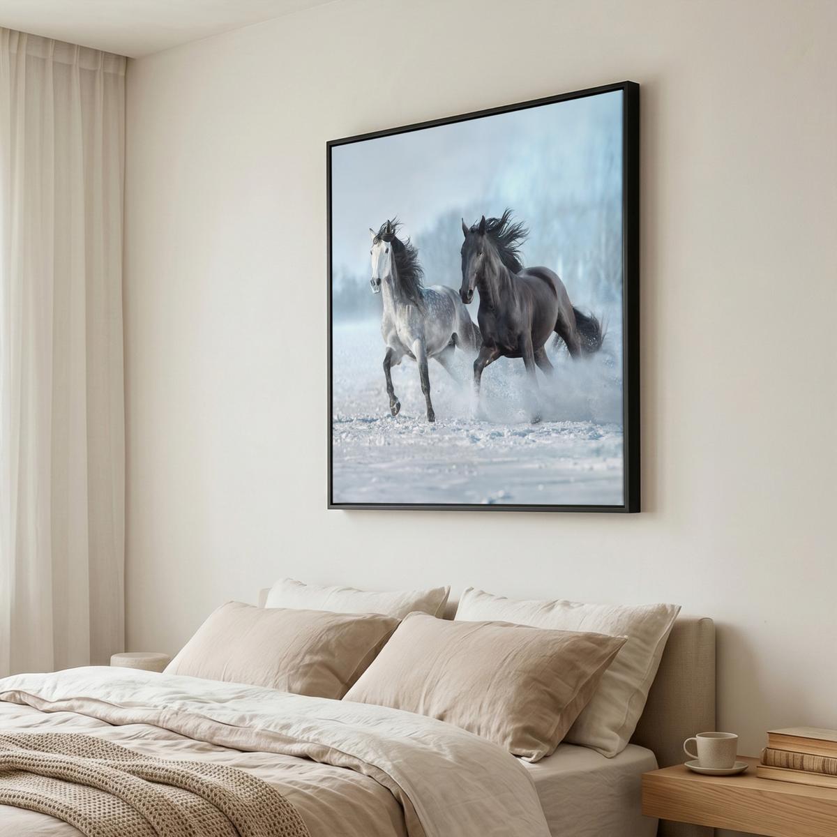LEINWAND Bilder mit Rahmen - Pferde - Winter - Tiere - Natur - Schnee - 90x90 - Anthrazit, Textil (90/90cm) - MuchoWow