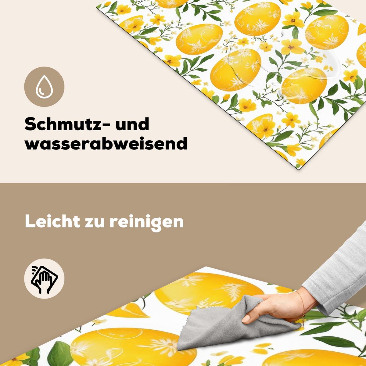 HERDABDECKPLATTE Blumen - Ostereier - Gelb Induktionsschutz 91.2x52 cm - Gelb, Kunststoff (91.2/52/0.2cm) - MuchoWow