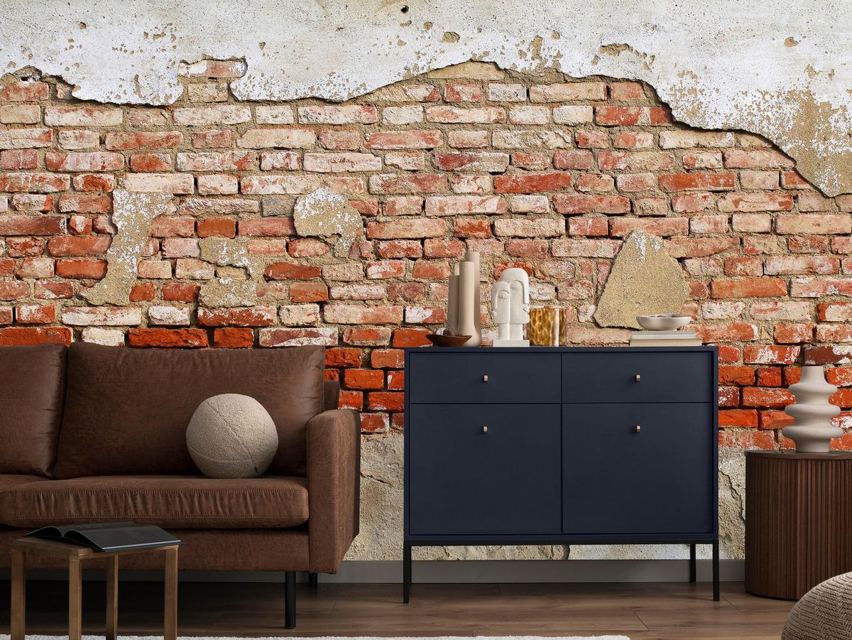 FOTOTAPETE für Wohnzimmer Alte Rissige Rote Ziegelwand Rustikal 450x315 - Beige/Rot, Papier (450/315cm) - Muralo