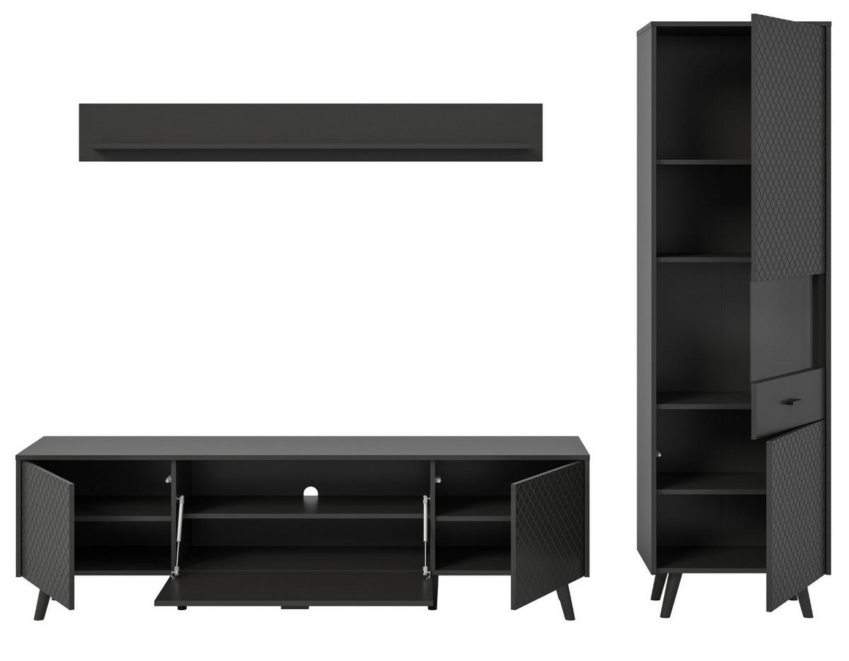 WOHNWAND grau matt 3-teilig 258 cm, Schrankwand mit Struktur - Schwarz/Grau, Glas/Holzwerkstoff (258/195/40cm) - Inn.Furn