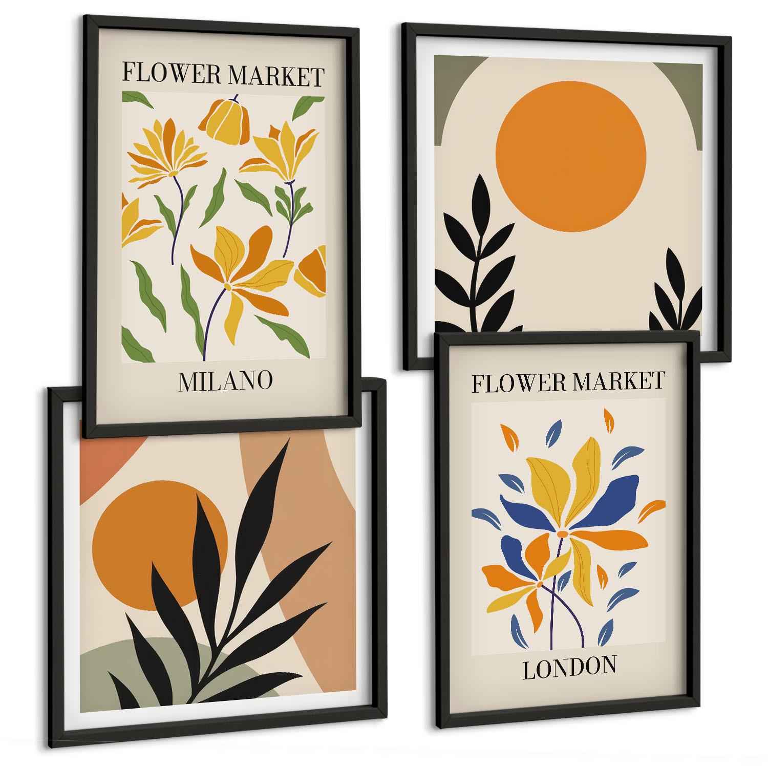 BILDER SET 4er Set - 50x50 cm & 40x60 cm Schwarzer Rahmen - Blumenposter Paris Mailand - Schwarz, Kunststoff (50/50cm) - TULUP