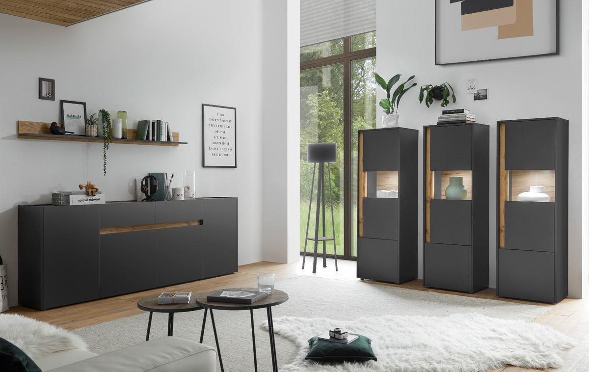 VITRINEN-SET 3-teilig grau matt, Wotan Eiche, Wohnkombination 3 x Vitrine, 190 x 155 cm - Anthrazit/Eiche Wotan, Holz/Holzwerkstoff (190/155/40cm) - Furn.Design