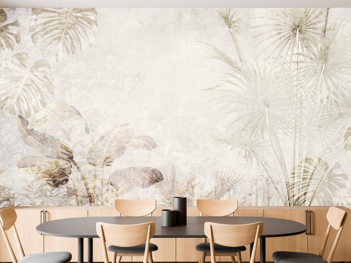 FOTOTAPETE für Wohnzimmer Tropisch Vintage Palmenblätter Beton 200x140 - Beige/Creme, Papier (200/140cm) - Muralo