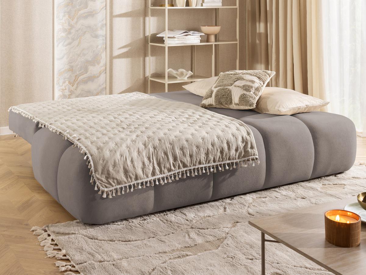 SCHLAFSOFA Belluno aus hochwertigem Taupe Plüschstoff mit Bettkasten und tiefen Steppungen in Bubble-Optik - Taupe/Schwarz, Holz/Kunststoff (205/87/105cm) - S-Style