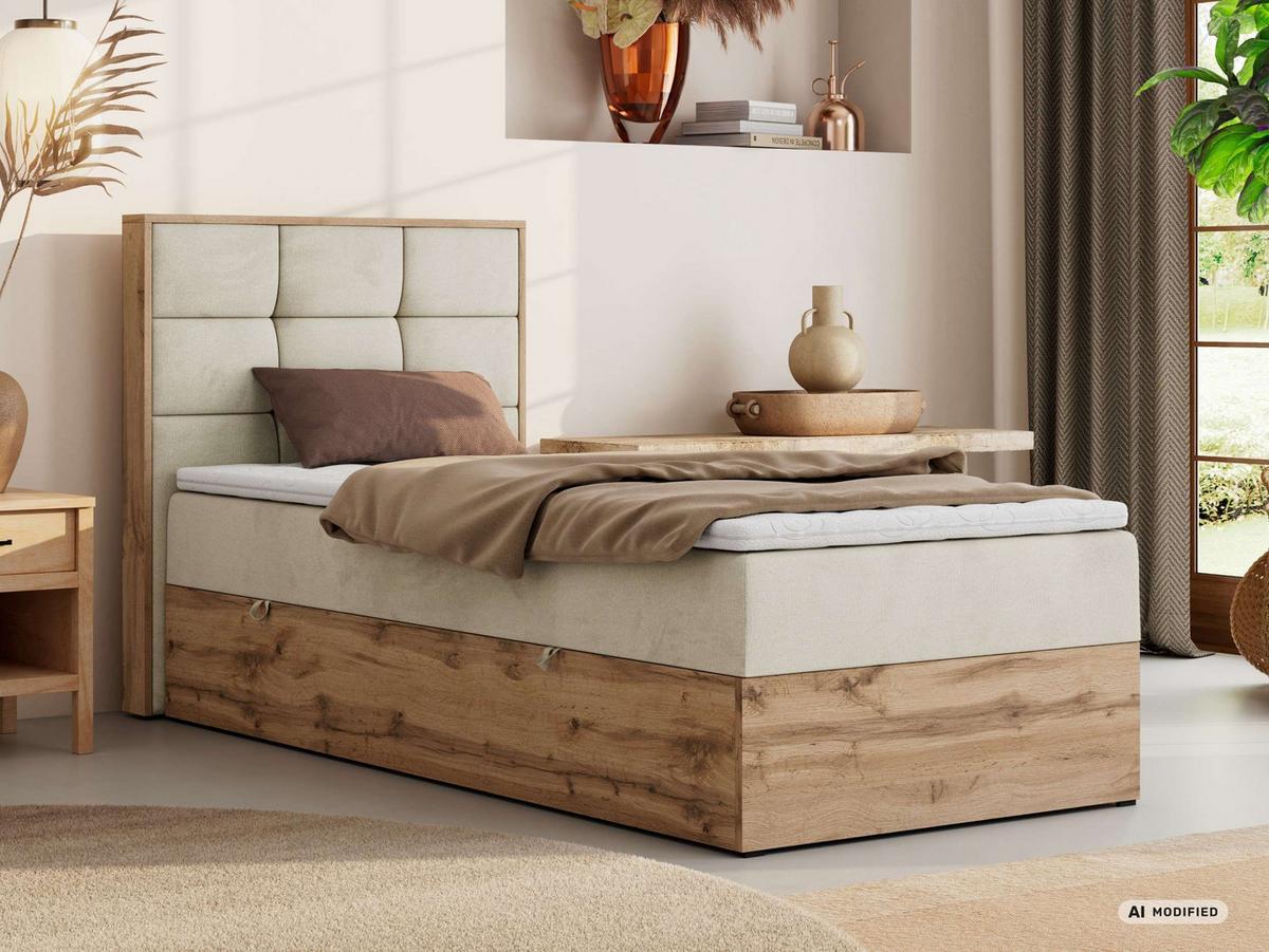 BOXBETT ALBERO 1 90/200 - Beige Velvet - Topper T25 - H4 - Links - Beige/Schwarz, Kunststoff/Textil (90/200cm) - MKS
