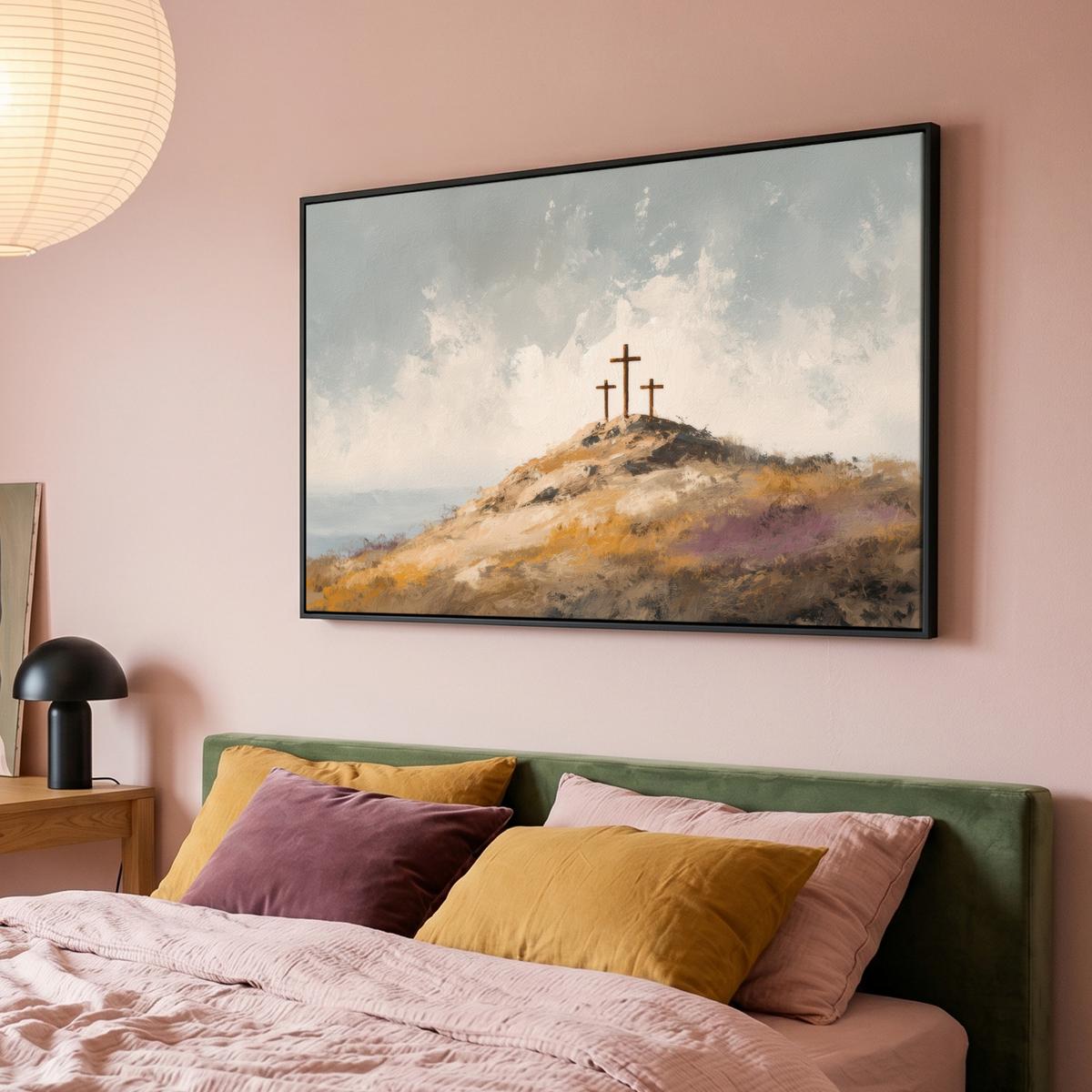 LEINWAND Bilder mit Rahmen - Hügel - Abstrakt - Christentum - Kreuz - 150x100 - Hellgrau, Textil (150/100cm) - MuchoWow