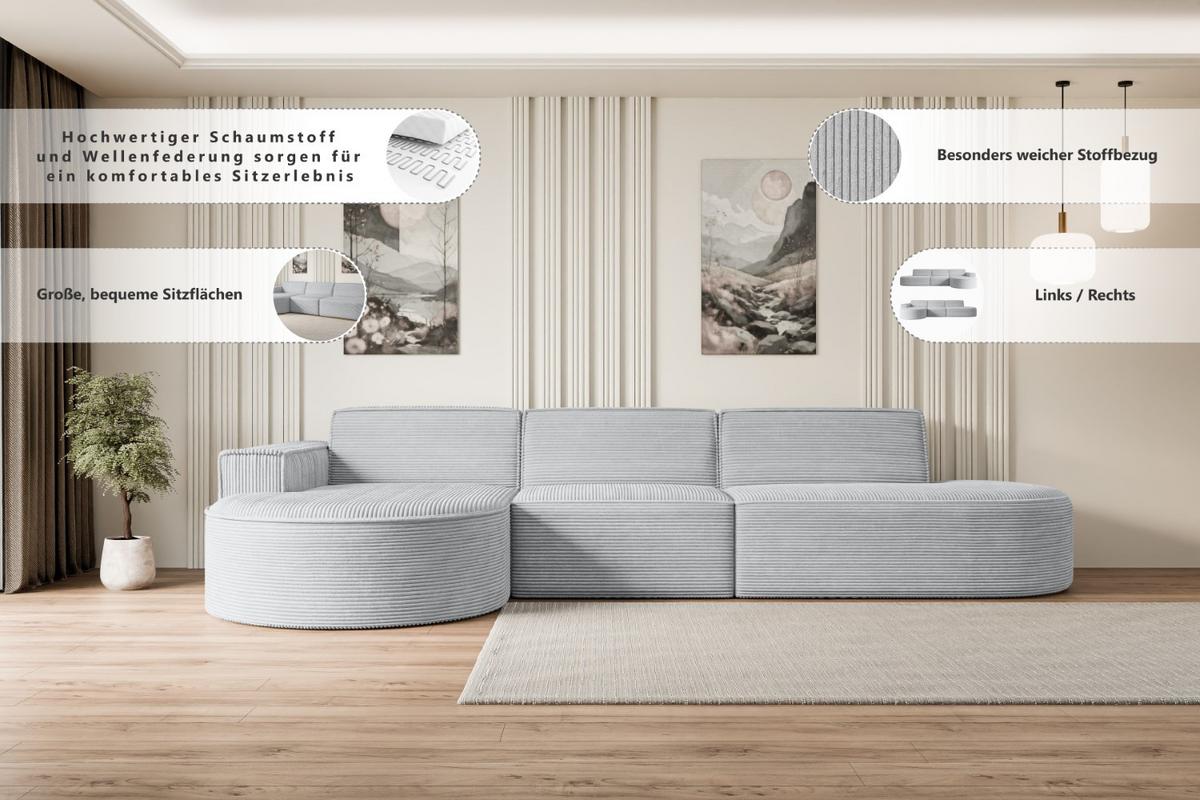 ECKSOFA Ottomane Rechts MARI-L2 - 328x171x79 cm Beige Cord - Beige/Schwarz, Holzwerkstoff/Kunststoff (171/328cm) - ALTDECOR