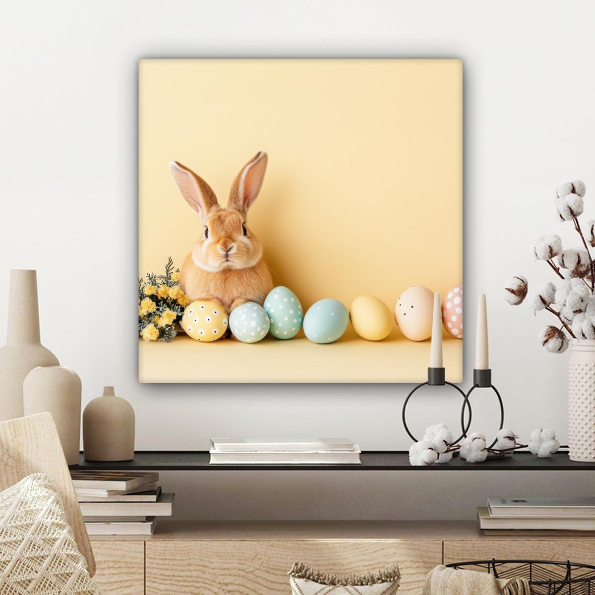 LEINWANDBILD Eier - Kaninchen - Pastellfarbtöne Wandbild Wohnzimmer 50x50 cm - Hellgelb, Textil (50/50cm) - MuchoWow