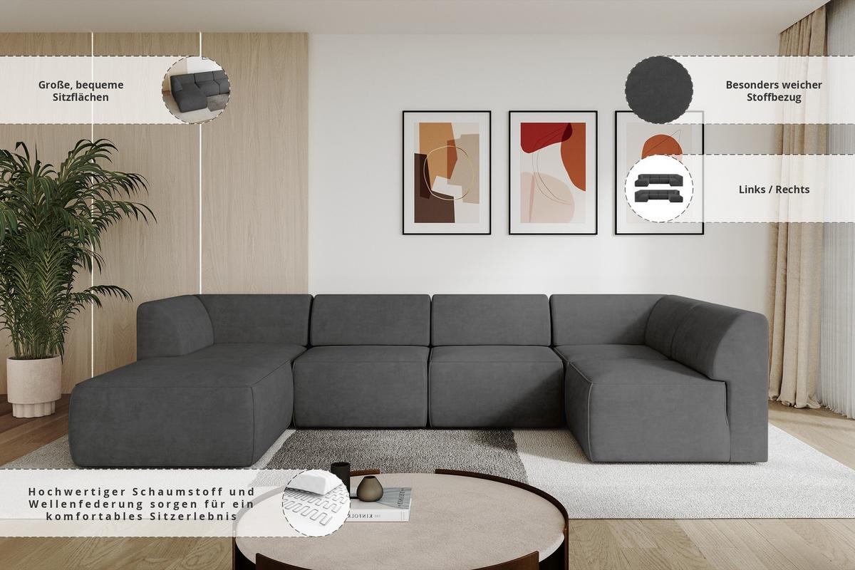 WOHNLANDSCHAFT Ottomane Links MOVO-L 345x180x78 cm Dunkelgrau Velours - Eschefarben, Holzwerkstoff/Kunststoff (345/78/180cm) - ALTDECOR