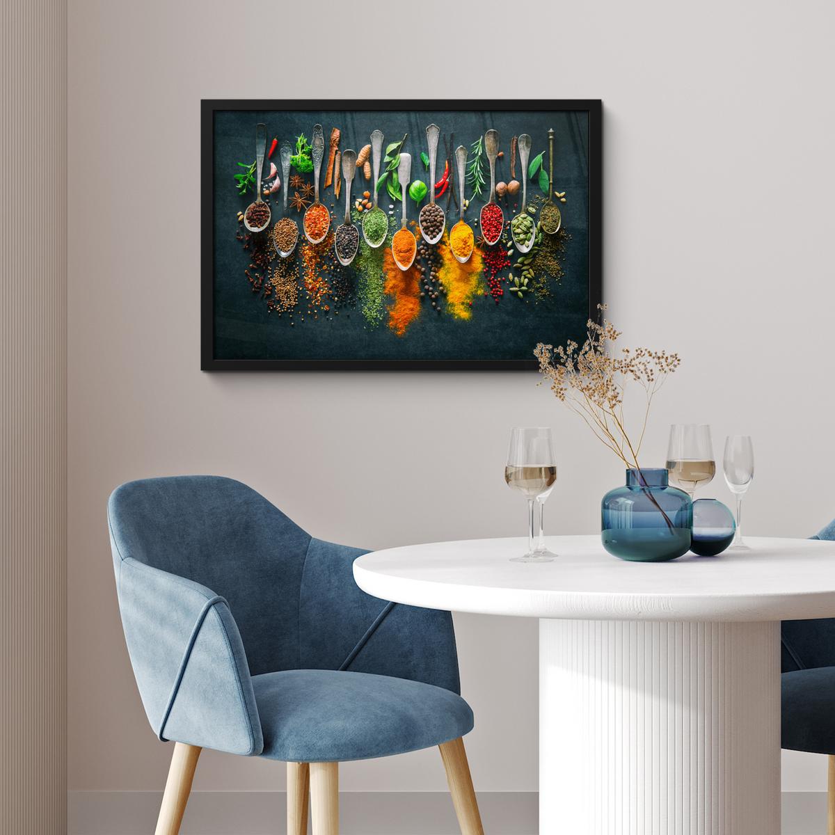 POSTER MIT RAHMENGERAHMTES BILD Kräuter - Gewürze - Löffel 60x40 cm - Currygelb, Papier (60/40cm) - MuchoWow