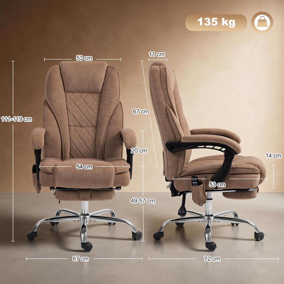 BÜROSTUHL-MIT-MASSAGEFUNKTION Samt-Polyester Braun - Silberfarben/Braun, Textil/Metall (67/119/72cm) - Vinsetto
