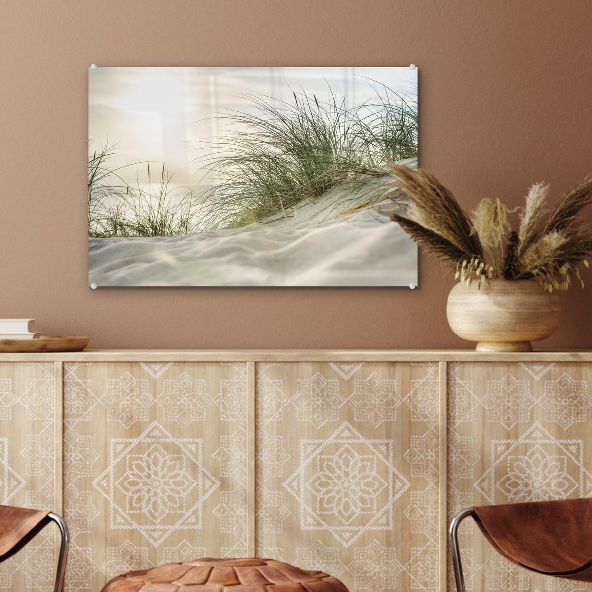 ACRYLGLASBILD Dünen mit Strandhafer in der Sonne des Nationalparks Schleswig-Holsteinisches Wattenmeer Wanddeko 60x40 cm - Creme, Glas (60/40cm) - MuchoWow