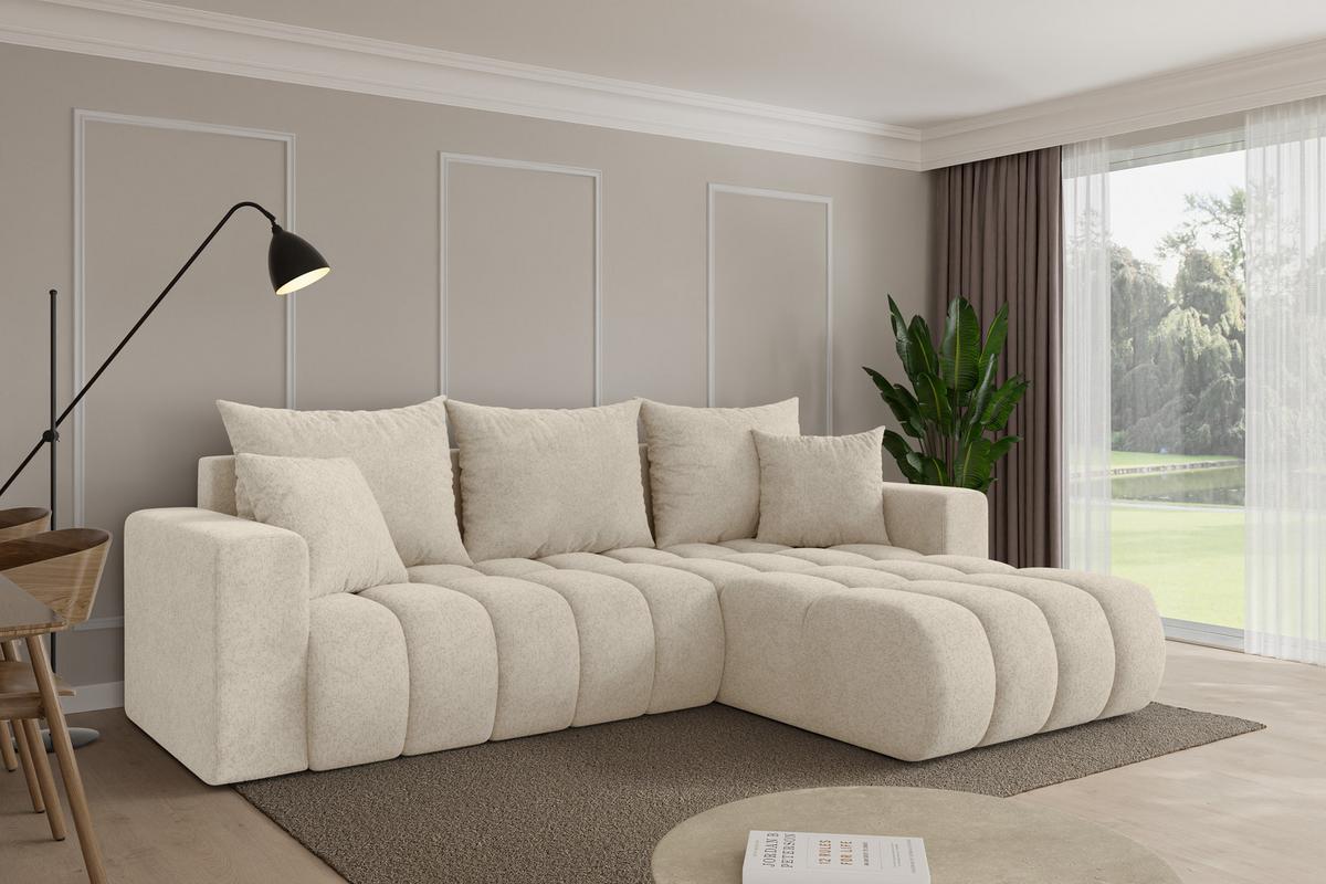 ECKSOFA mit Schlaffunktion Ottomane Rechts MILA-L-v1 277x195x86 Creme Velours - Creme/Schwarz, Holzwerkstoff/Kunststoff (277/194cm) - ALTDECOR