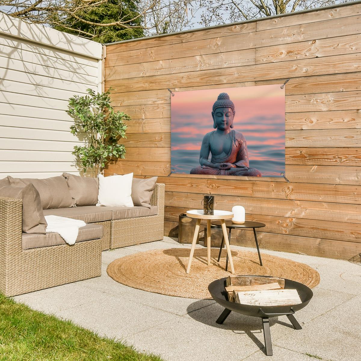 GARTENPOSTER Buddha - Statue - Buddha - Wasser - Kunst - Buddha Gartendeko 90x60 cm - Blaugrau, Kunststoff (90/60/0.2cm) - OnlyWow