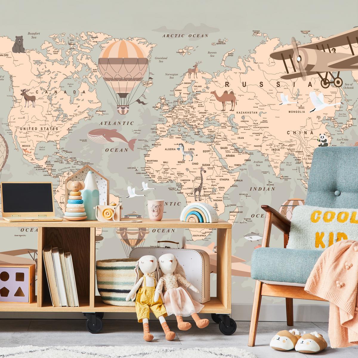 FOTOTAPETE für Kinderzimmer Retro Weltkarte Balony Flugzeuge 100x70 - Beige/Orange, Papier (100/70cm) - Muralo