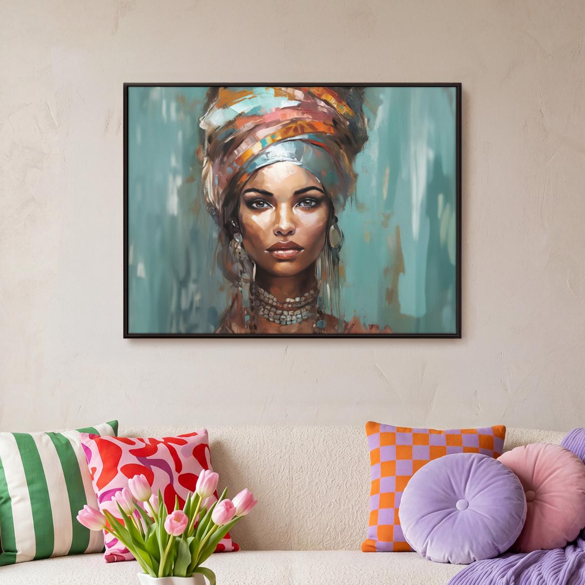 LEINWAND Bilder mit Rahmen - Frau - Kunst - Schmuck - Porträt - 80x60 - Blaugrau, Textil (80/60cm) - MuchoWow