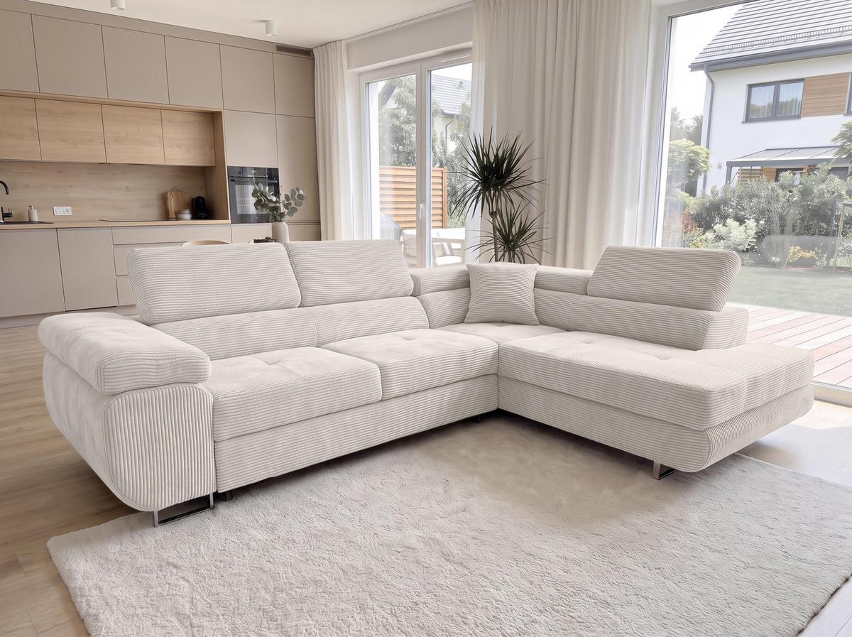 ECKSOFA L Form Konak Cremeweiß 276/201/90 cm Rechts mit Schlaffunktion - Silberfarben/Creme, Textil/Metall (276/203cm) - AX Living