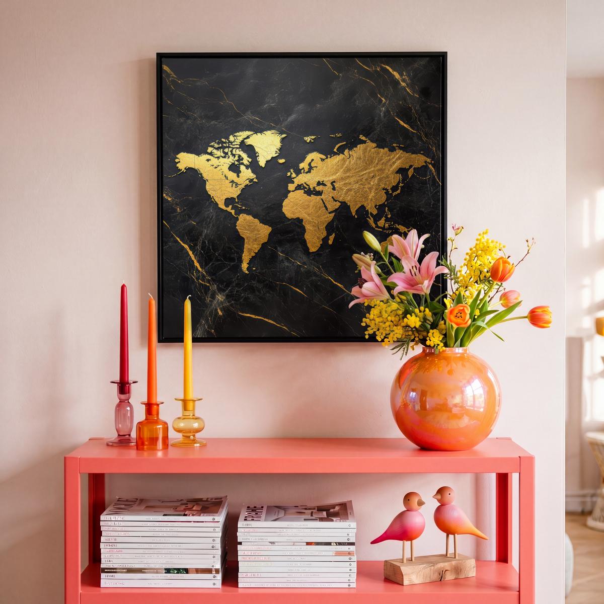 LEINWAND Bilder mit Rahmen - Weltkarte - Gold - Marmor - 50x50 - Goldfarben, Textil (50/50cm) - MuchoWow