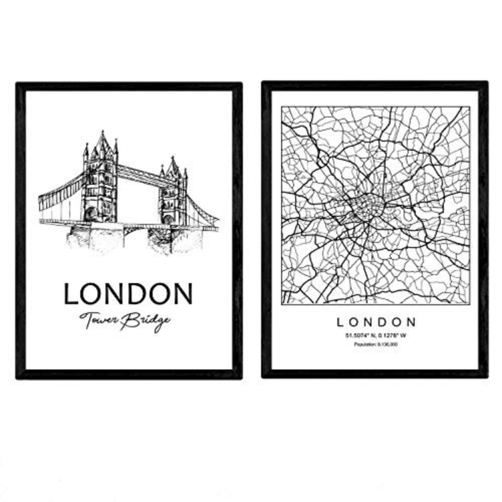 POSTER Set Mit 2 Städte Denkmäler London Tower Bridge A4 Schwarzer Rahmen - Schwarz, Papier (29.7/5/21cm) - Nacnic