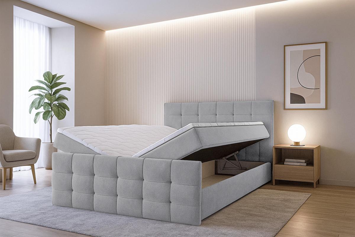 BOXBETT ARGENTARO 140x200 cm mit Bettkasten und Matratze - Grau + TOPPER - Schwarz/Grau, Holz/Holzwerkstoff (140/200cm) - AX Living
