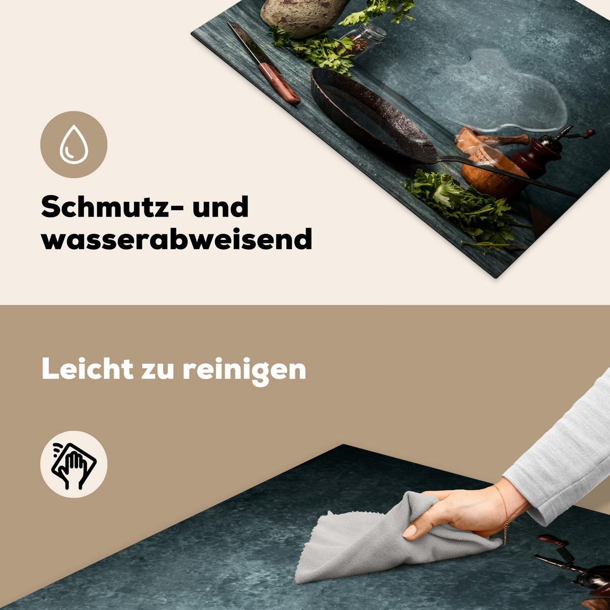 HERDABDECKPLATTE Kräuter - Gewürze - Pfanne - Messer - Grau - Rustikal Herdabdeckung Induktionsfeld 75x52 cm - Petrol, Kunststoff (75/52/0.2cm) - MuchoWow