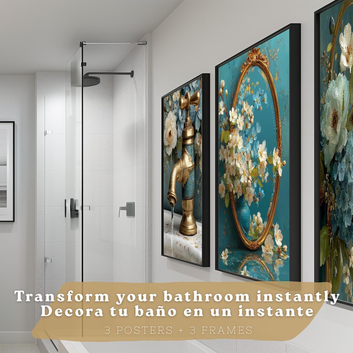 POSTER 3er-Set dekorative Badezimmer-Poster, elegante für Wand, Waschbecken, Dusche, mit Armatur, Spiegel und goldener Dusche Schwarzer Rahmen A3 - Schwarz, Papier (42/29.7/3cm) - Nacnic