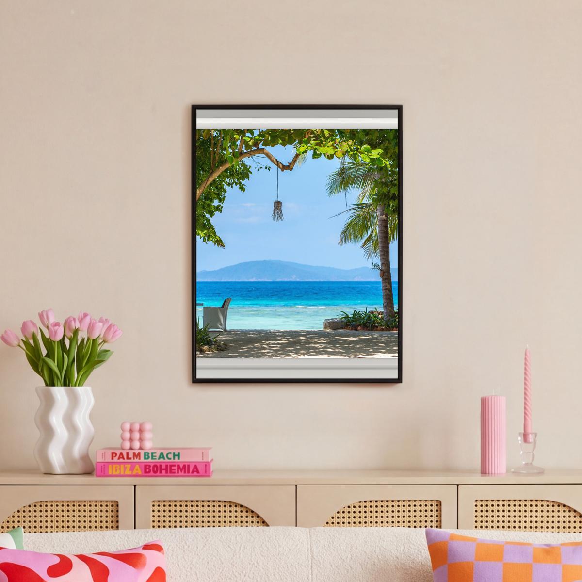 LEINWAND Bilder mit Rahmen - Aussicht - Baum - Meer - Palme - Hügel - Strand - Blau - 60x80 - Blau, Textil (60/80cm) - MuchoWow