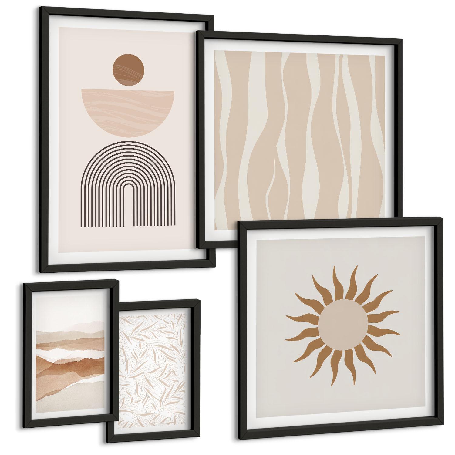 BILDER SET 5er Set - 50x50 cm & 20x30 cm & 40x60 cm Schwarzer Rahmen - Abstrakte Landschafts- und Naturgeometrie - Schwarz, Kunststoff (40/60cm) - TULUP