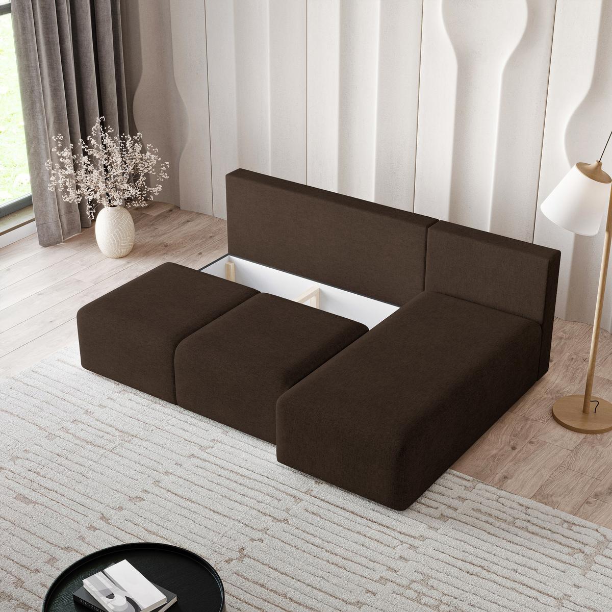 ECKSOFA TRAMA Braun Geflochtener Stoff mit Schlaffunktion - Braun, Holz (200/143cm) - MASSENO
