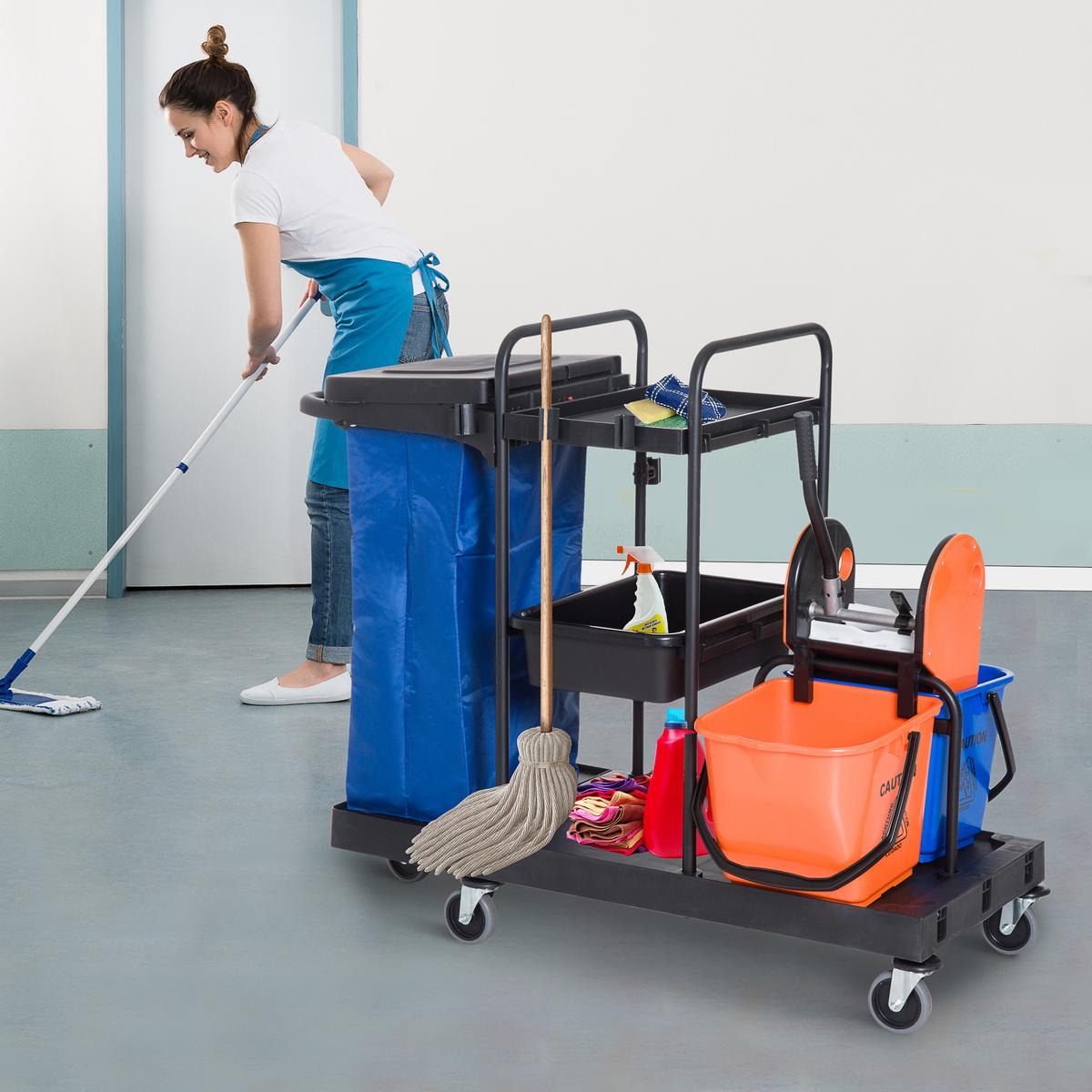 HOMCOM Reinigungstrolley – 4 leichtgängige Räder, Schwarz/Blau/Orange, 111 x 63,3 x 103 cm - Schwarz, Kunststoff/Metall (63.3/103/111cm) - HOMCOM