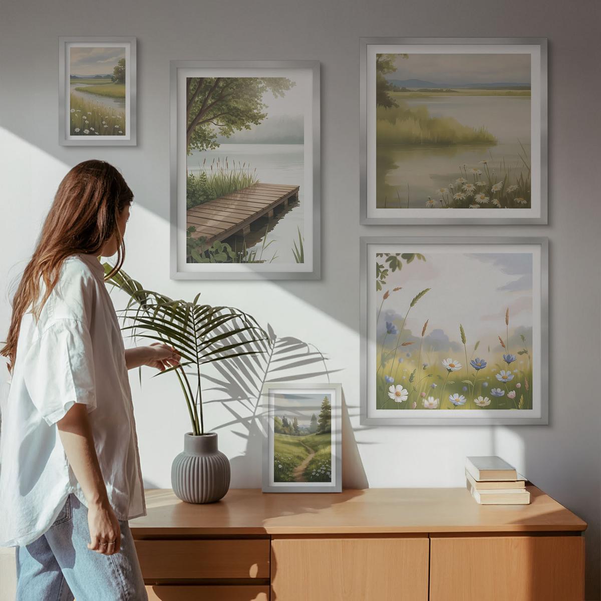 BILDER SET 5er Set - 50x50 cm & 20x30 cm & 40x60 cm Silberner Rahmen - Zitronenblumen aus der Küstenstadt - Silberfarben, Kunststoff (40/60cm) - TULUP