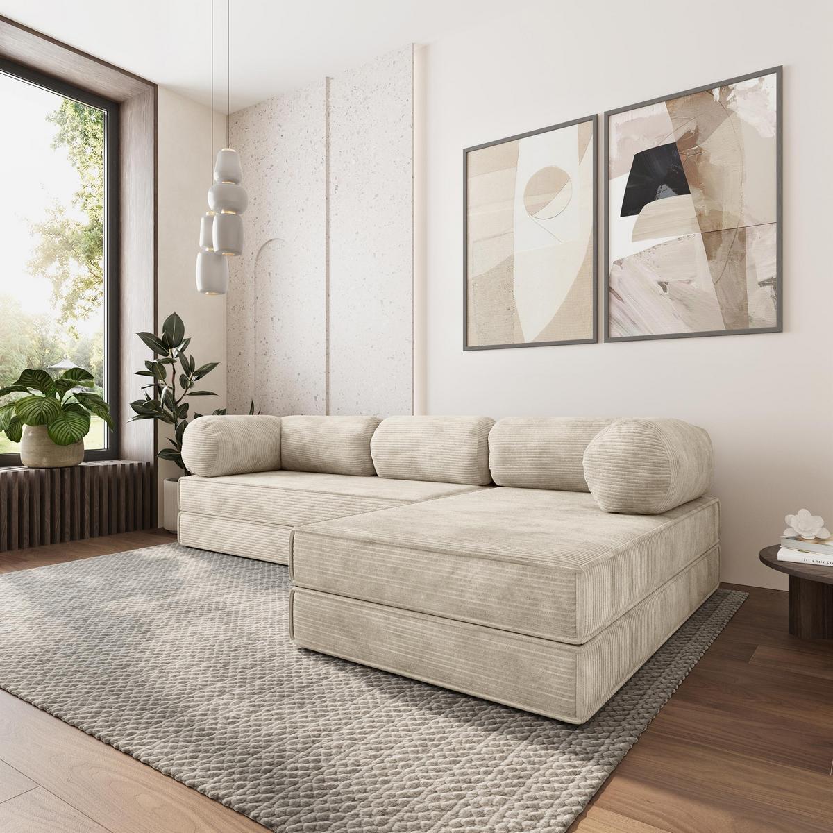 ECKSOFA ETERA modulares Boneless Sofa mit Schlaffunktion Creme Kordstoff - Creme, Textil (270/160cm) - MASSENO