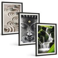 BILDER SET 3er Set - 40x60 cm Schwarzer Rahmen - Der Frieden der Steine des Buda Zen-Wasserfalls - Schwarz, Kunststoff (40/60cm) - TULUP
