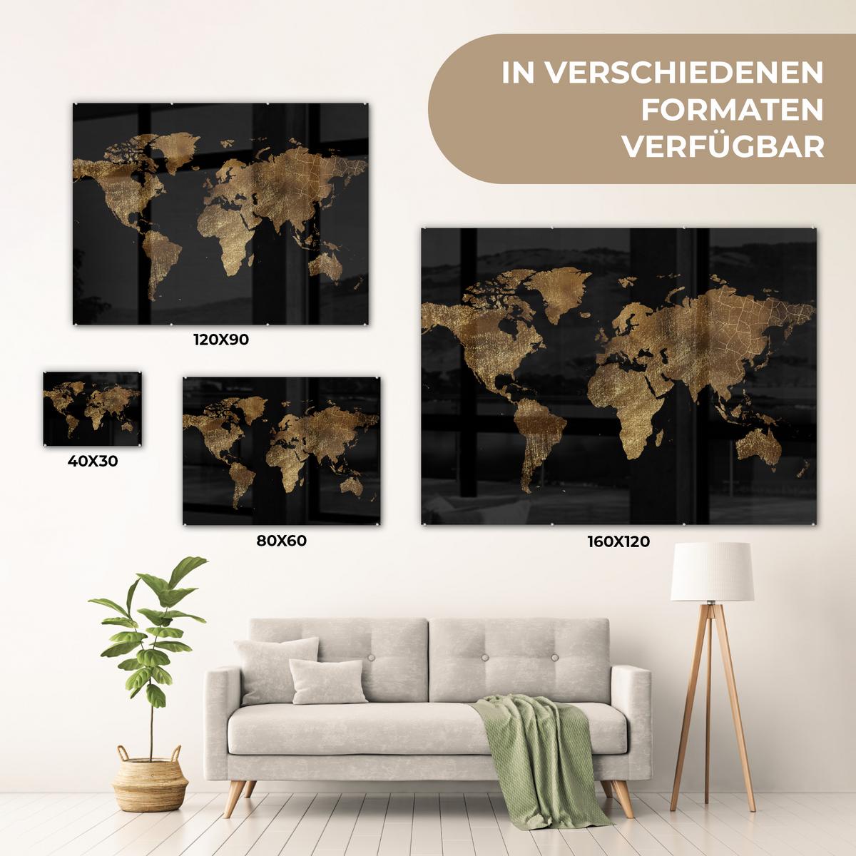 ACRYLGLASBILD Weltkarte - Gold - Luxus - Erde - Schwarz 80x60 cm - Goldfarben, Glas (80/60cm) - MuchoWow