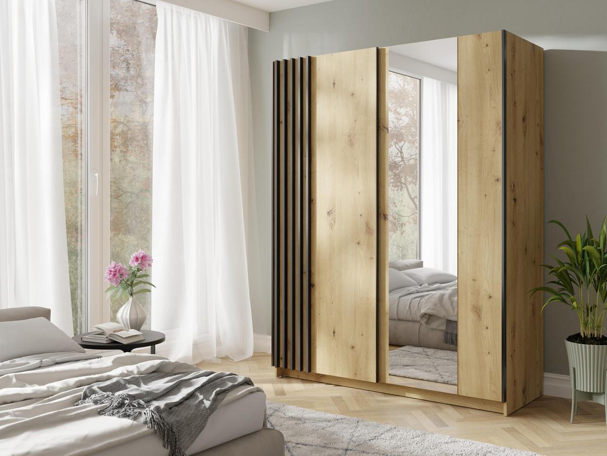 KLEIDERSCHRANK Beralto Braun 150/198,5/63,5 cm – mit Spiegel und Lamellenfront - Braun, Holzwerkstoff (150/198.5/63.5cm) - AX Living