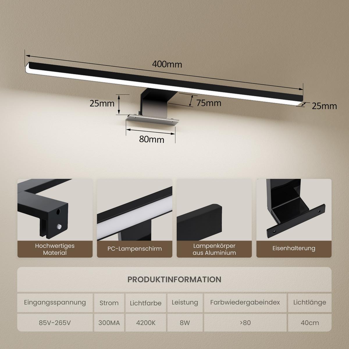 SPIEGELLEUCHTE LED Schwarz 6000K 40/10,5/4 cm - Schwarz, Kunststoff (4/40/10.5cm) - EMKE