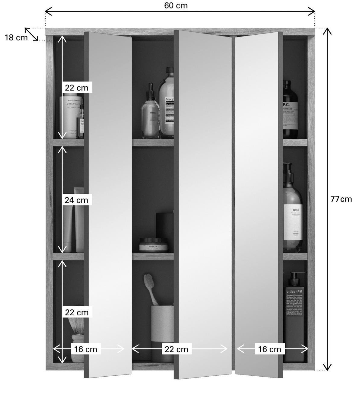 SPIEGELSCHRANK Eiche 60 x 77 cm Badschrank 3-türig mit Soft-Close - Eichefarben, Glas/Holzwerkstoff (60/77/18cm) - Inn.Furn
