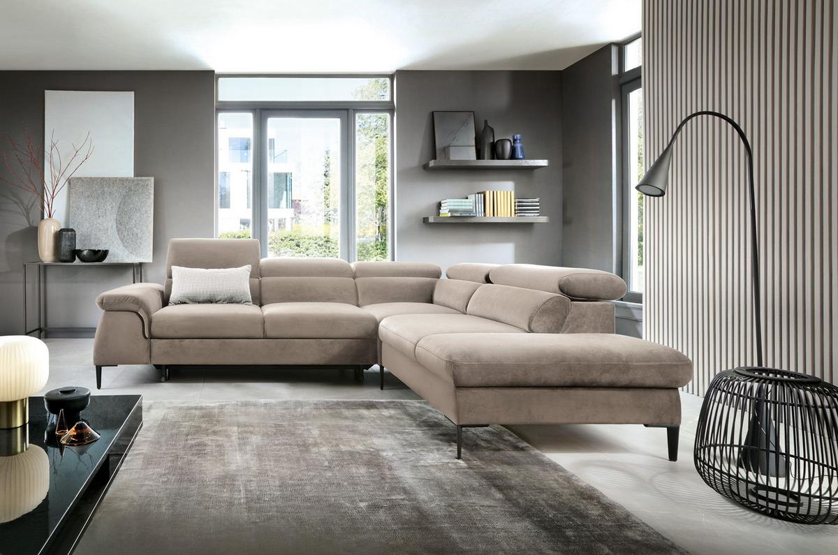 ECKSOFA MESTO Beige Velours-Stoff mit Schlaffunktion - Beige, Holz (280/214cm) - MASSENO