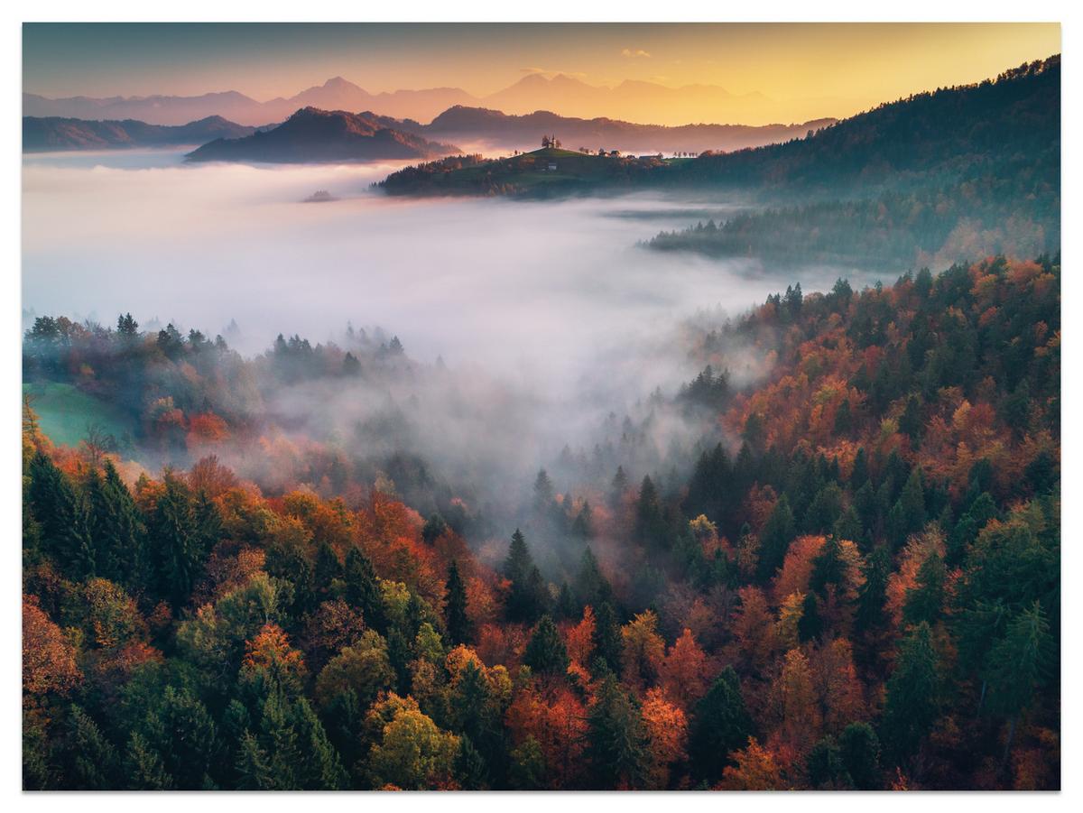 FOTOTAPETE für Wohnzimmer Nebelwald Sonnenuntergang Berge Bäume 400x280 - Beige/Rot, Papier (400/280cm) - Muralo