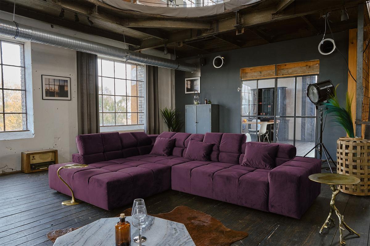 ECKSOFA MIT MOTORISCHEM SITZVORZUG NEVADA Violett Velvet Relaxfunktion - Violett/Schwarz, Textil (319/215cm) - KAWOLA