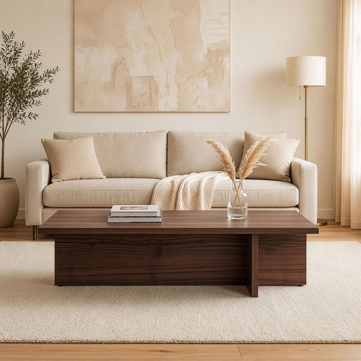 COUCHTISCH mit rechteckiger Platte und asymmetrischem Fuß L120 cm - HARBOR - Naturfarben, Holzwerkstoff (120/45/30cm) - Calicosy