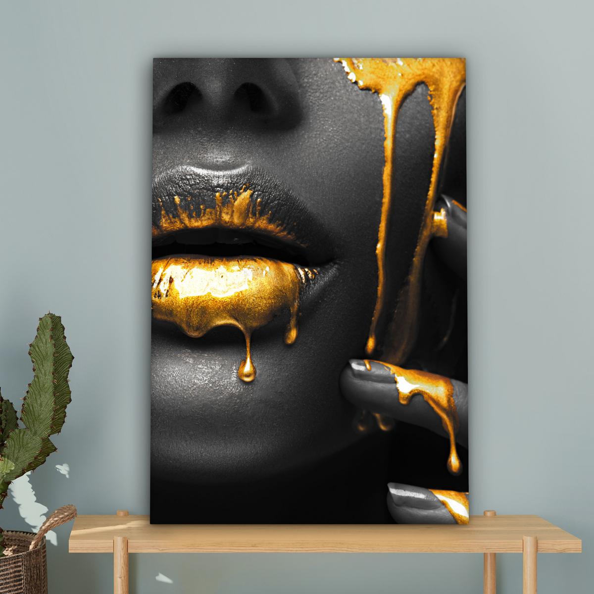 LEINWANDBILD Frau - Schwarz - Gold - Gesicht - Lippen Wanddeko Schlafzimmer 60x90 cm - Goldfarben, Textil (60/90cm) - MuchoWow