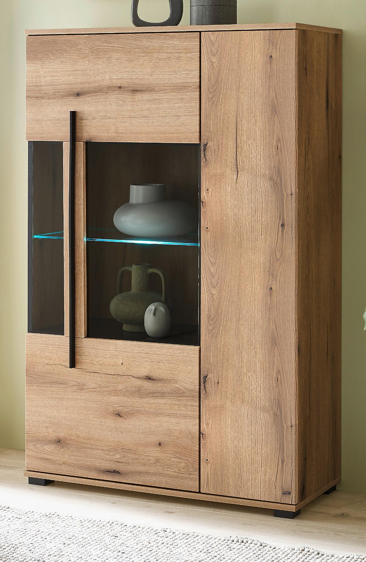 HIGHBOARD Eiche Evoke, Vitrine 90 x 140 cm mit LED Beleuchtung - Eichefarben/Schwarz, Glas/Holzwerkstoff (90/140/37cm) - Furn.Design