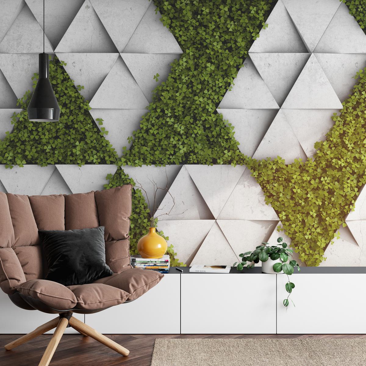 FOTOTAPETE für Wohnzimmer Klee Beton Dreiecke Abstraktion Modern 400x280 - Grau/Grün, Papier (400/280cm) - Muralo