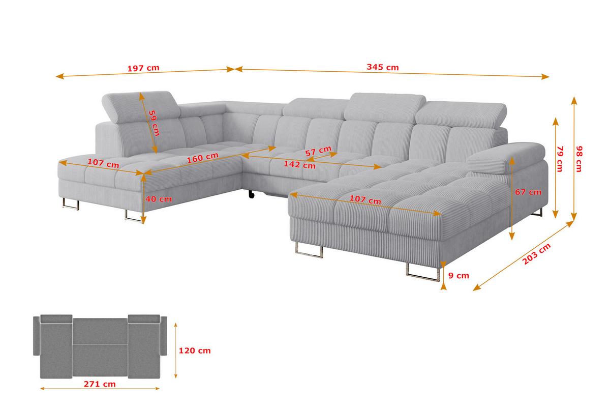 WOHNLANDSCHAFT mit Schlaffunktion und Bettkasten Ottomane Links COMA U 345x203x79 Grau Cord - Anthrazit, Holzwerkstoff/Textil (345/79/203cm) - ALTDECOR