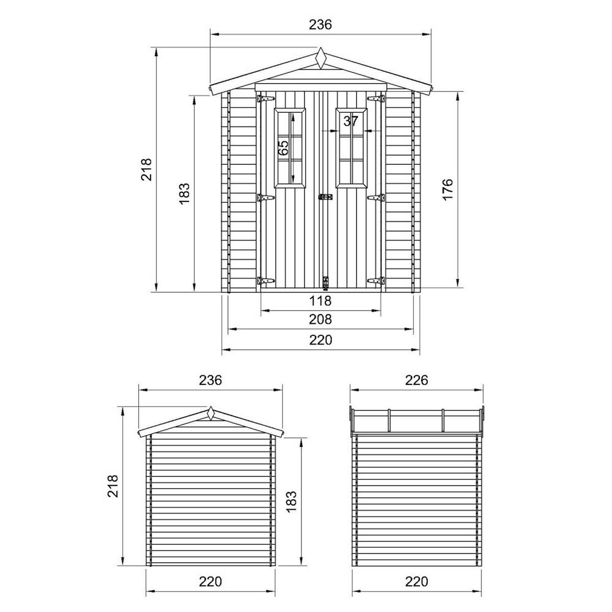 HOLZHAUS GARTENHAUS mit imprägniertem BodenB236xL226xH218 cm/ 4.33 m2 - M369C+M369G - Beige, Holz (220/224/226cm) - Timbela