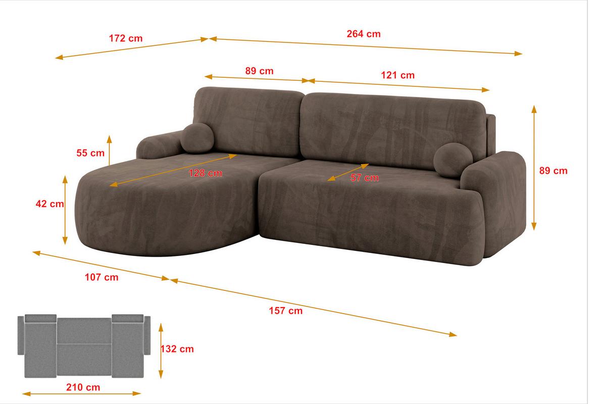 ECKSOFA mit Schlaffunktion und Bettkasten LIRA-L - 264x172x89 Braun - Braun, Holzwerkstoff/Textil (264/172cm) - ALTDECOR