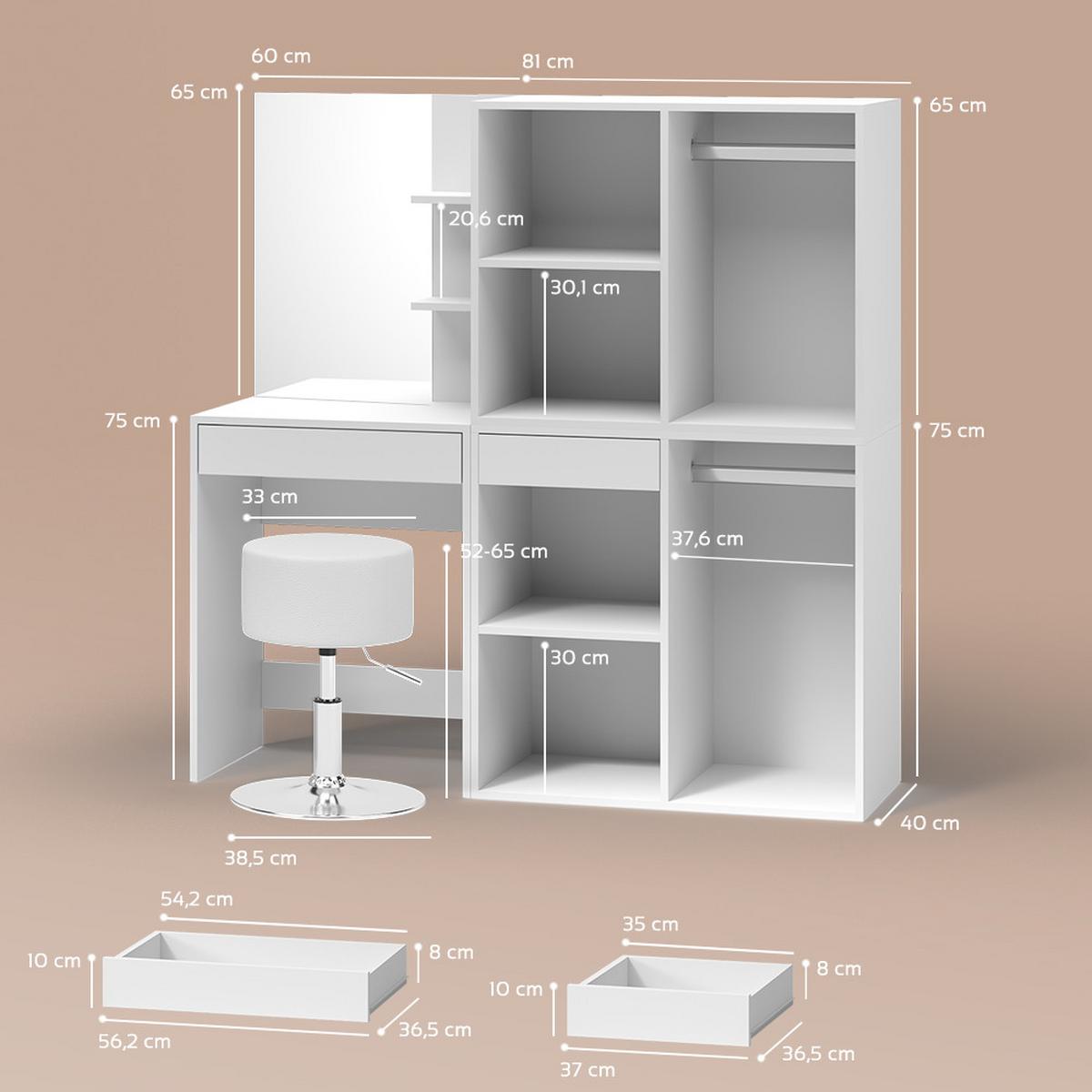 SCHMINKTISCH Nola Weiß 140 cm mit Hocker und Schrank - Weiß, Holzwerkstoff (140/140/40cm) - Livinity®